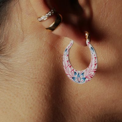 Leaf Detail Slim Enamel Hoop Earrings in Blue, White & Pink