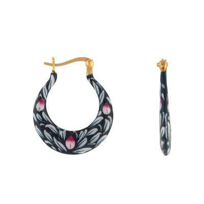Leaf Detail Slim Enamel Hoop Earrings in Blue, White & Pink