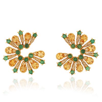 Citrine, Diamond & Emerald Crescent Earrings
