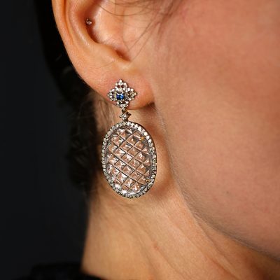 Carved Crystal, Sapphire & Diamond Drop Earrings