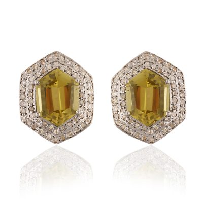 Art Deco Olive Quartz & Diamond Stud Earrings