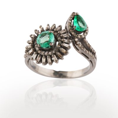 Emerald & Diamond, Flower & Leaf Ring