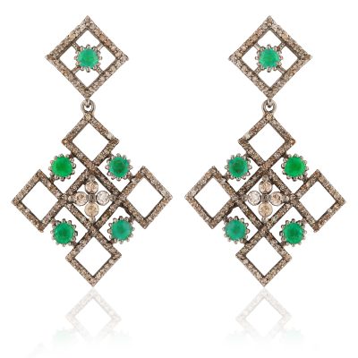 Geometric Emerald & Diamond Drop Earrings