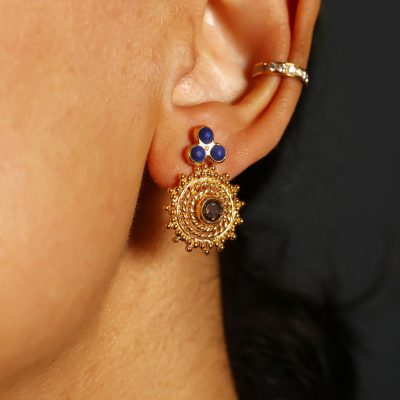 Simple Blue Lapis & Smokey Quartz Granulated Stud Earrings