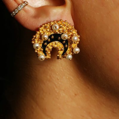 Crescent Granulated Enamel & Pearl Earrings