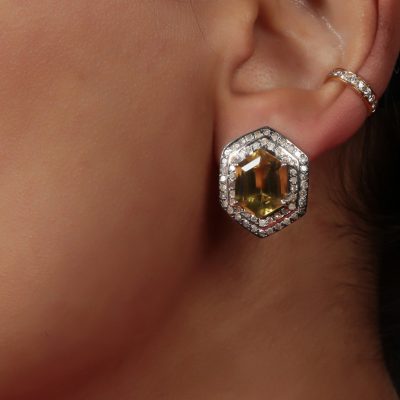 Art Deco Olive Quartz & Diamond Stud Earrings