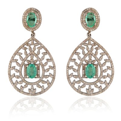 Tear Drop Emerald & Diamond Earrings