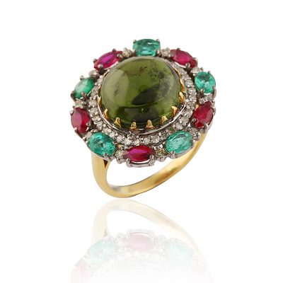 Victorian Inspired Tourmaline, Ruby, Emerald & Diamond Ring