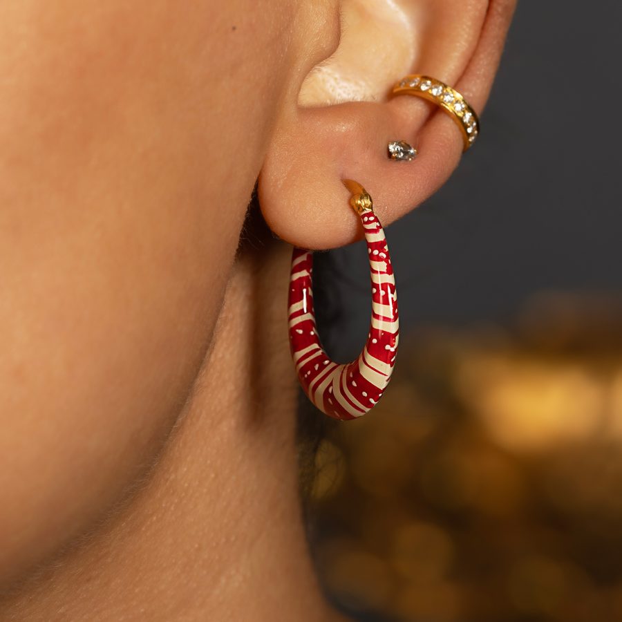 Red & White Enamel Chevron Hoop Earrings