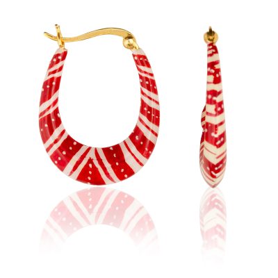 Red & White Enamel Chevron Hoop Earrings