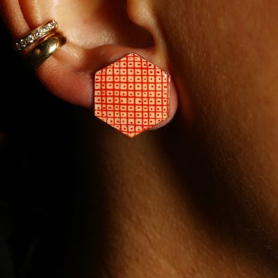 Hexagon Red Chevron Enamel Stud Earrings