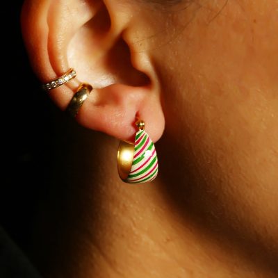 Simple Pink & Green Grid Enamel Hoop Earrings