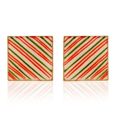 Square Green & Red Chevron Enamel Stud Earrings