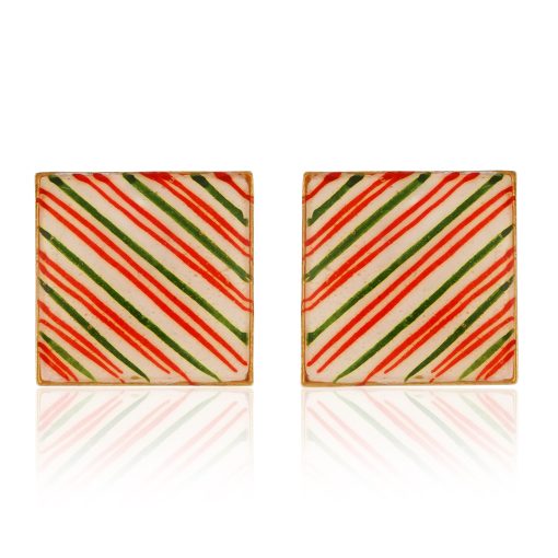 Square Green & Red Chevron Enamel Stud Earrings