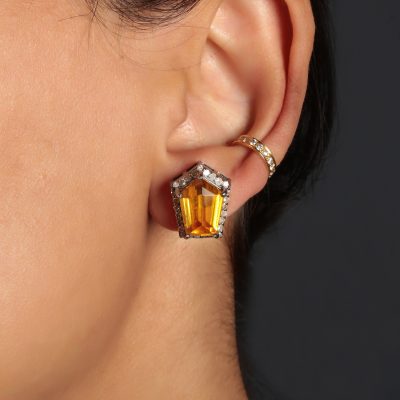 Geometric Citrine & Diamond Stud Earrings