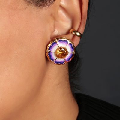Enamel Flower, Citrine & Diamond Statement Stud Earrings