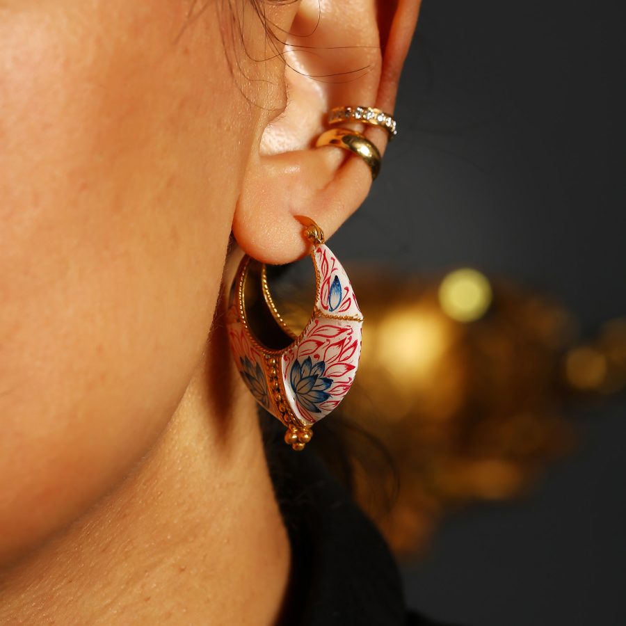 Pink & Blue Lotus Flower Enamel Hoop Earrings - Image 2