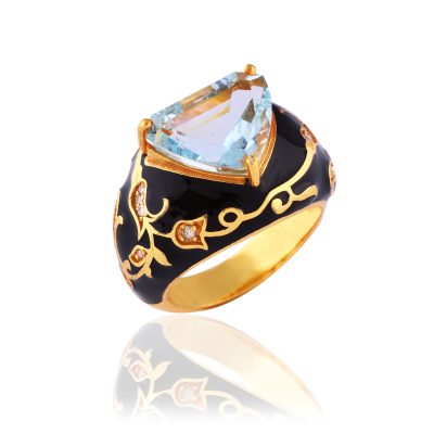 Aquamarine & Diamond Black & Gold Enamel Ring