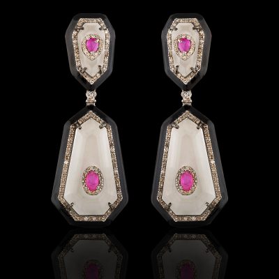 Art Deco Ruby, Crystal & Enamel Earrings