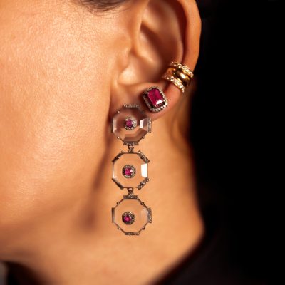 Hexagon Crystal, Ruby Earrings