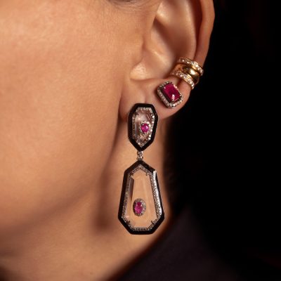 Art Deco Ruby, Crystal & Enamel Earrings