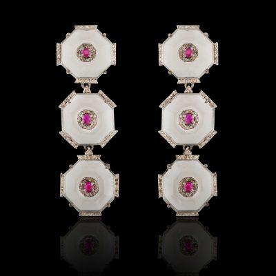 Hexagon Crystal, Ruby Earrings