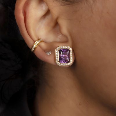 18kt Gold Purple Amethyst & Diamond Stud Earrings