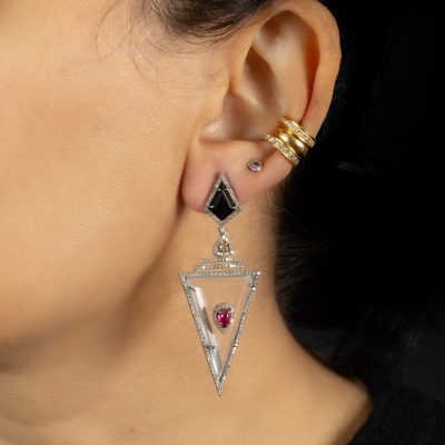 Art Deco Black Onyx, Crystal, Diamond & Tourmaline Earrings