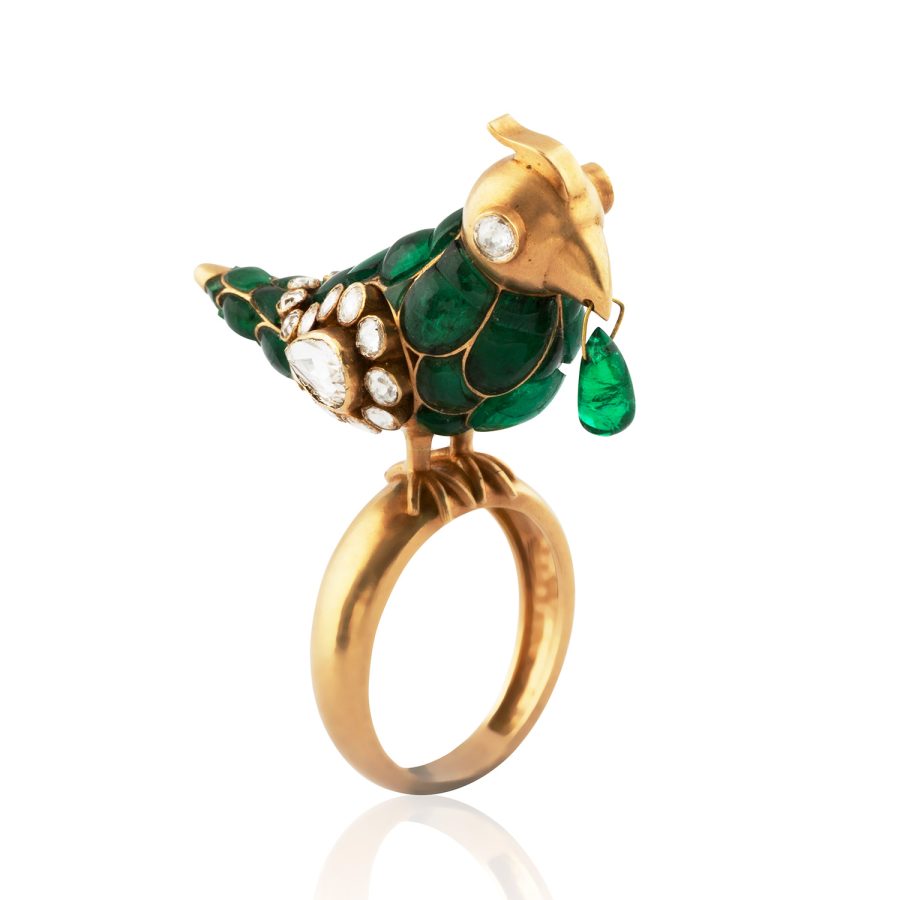 18kt Gold Emerald & Diamond Parrot Bird Ring