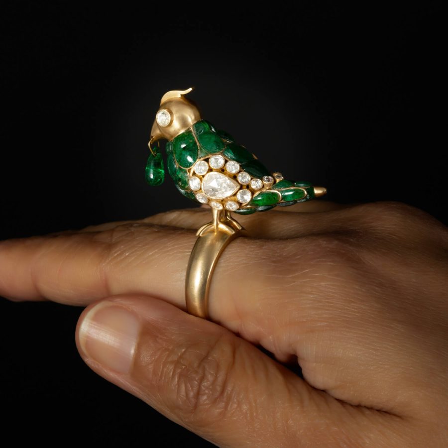 18kt Gold Emerald & Diamond Parrot Bird Ring