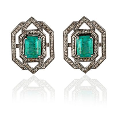 Art Deco Emerald & Diamond Stud Earrings