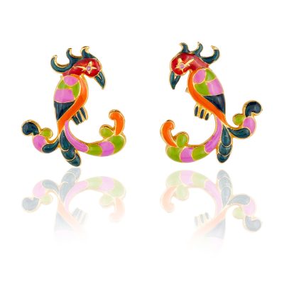 Enamel Parrot Stud Earrings with Rubies