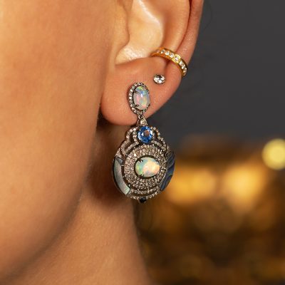 Art Deco Kyanite, Opal, Mother of Pearl & Diamond Earrings