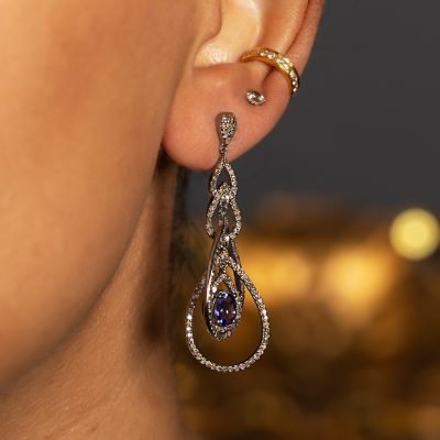 Geometric Tanzanite & Diamond Drop Earrings