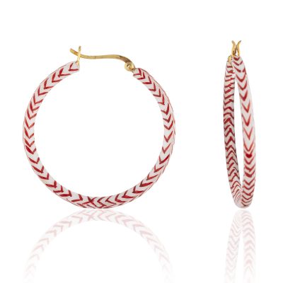 Red & White Chevron Grid Enamel Hoop Earrings
