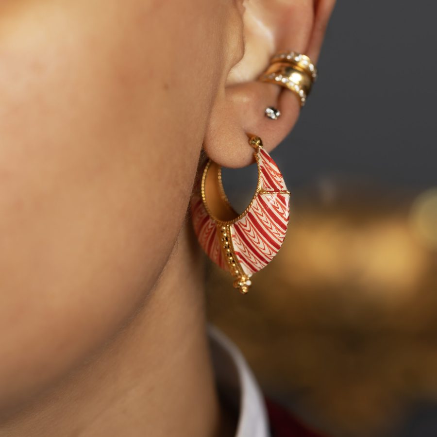 Red Grid & Chevron Enamel Heritage Hoop Earrings