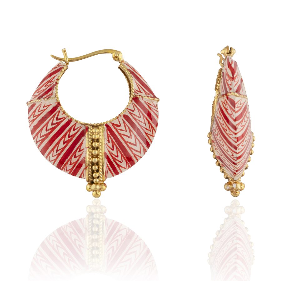 Red Grid & Chevron Enamel Heritage Hoop Earrings