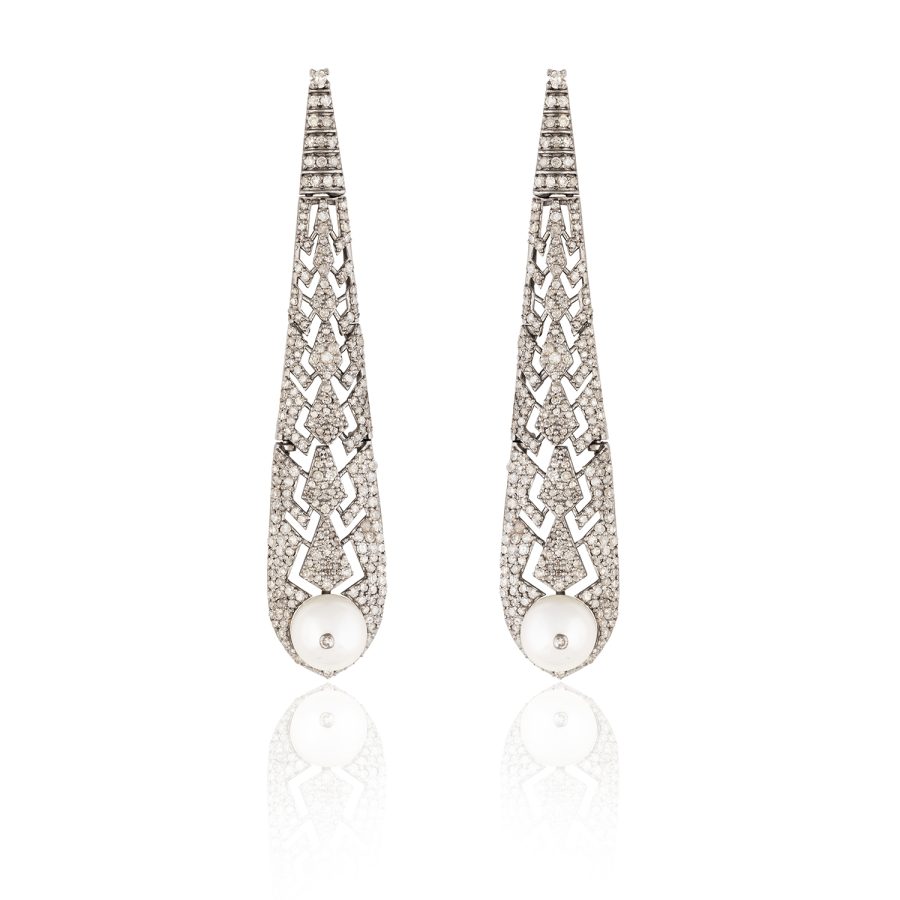Geometric Detail Diamond & Pearl Art Deco Earrings