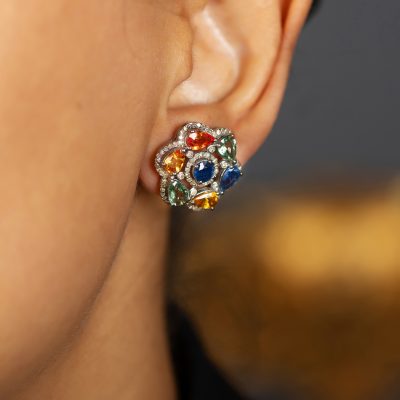 Multi Sapphire & Diamond Stud Earrings