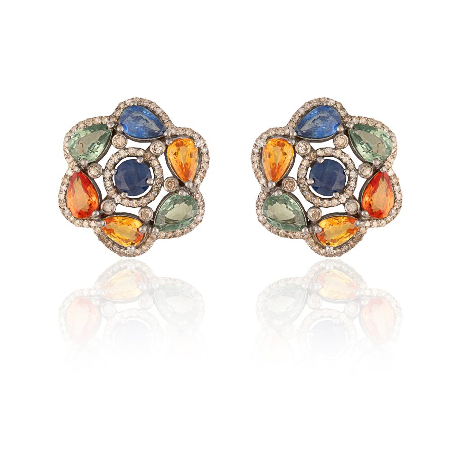 Multi Sapphire & Diamond Stud Earrings