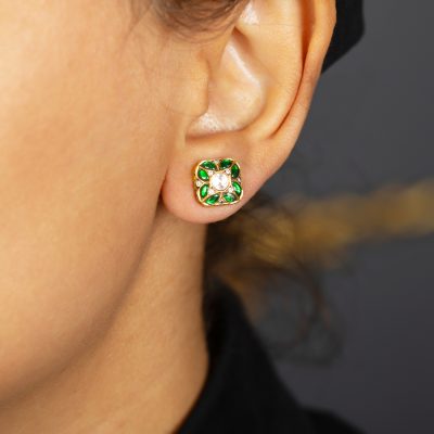 Rose Cut Diamond, Emerald Stud Earrings with Enamel Detail
