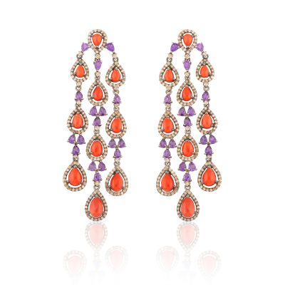 Coral, Amethyst & Diamond Chandelier Earrings