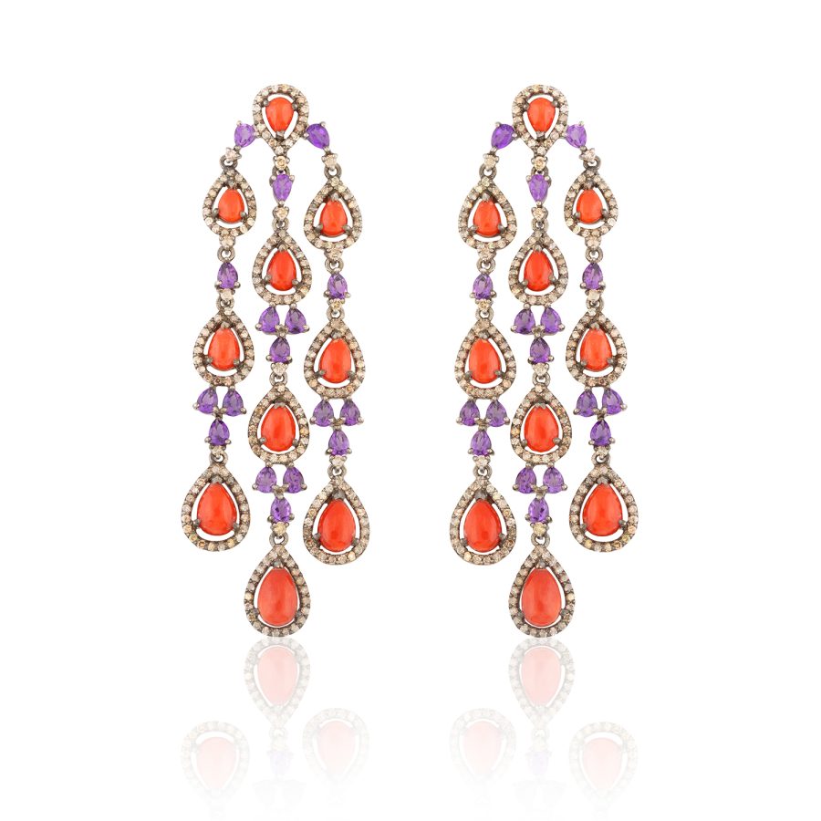 Coral, Amethyst & Diamond Chandelier Earrings