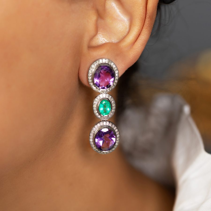 Purple Amethyst , Emerald & Diamond Drop earrings