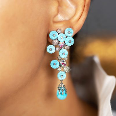 Turquoise, Sapphire & Diamond Abstract Floral Earrings