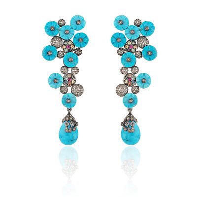 Turquoise, Sapphire & Diamond Abstract Floral Earrings