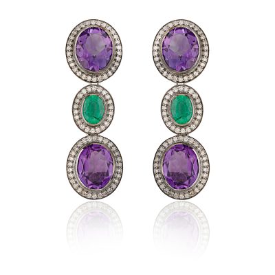 Purple Amethyst , Emerald & Diamond Drop earrings