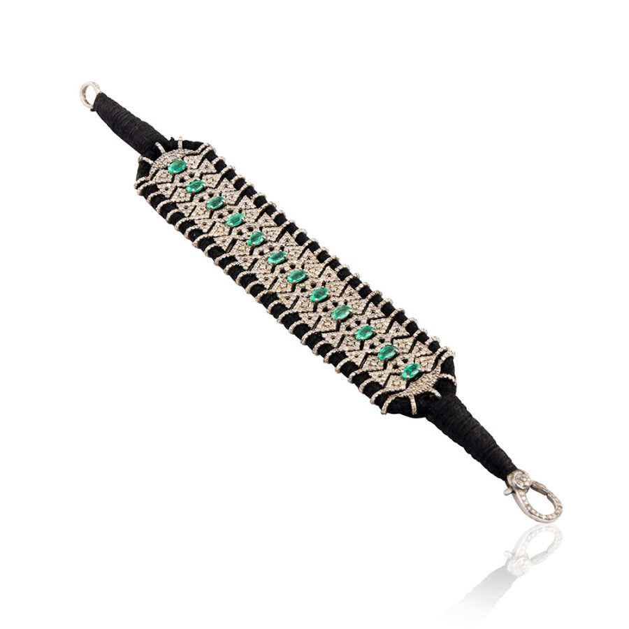 9th Century 'Baju' Inspired Emerald & Diamond Cotton Cord Bracelet (wider)