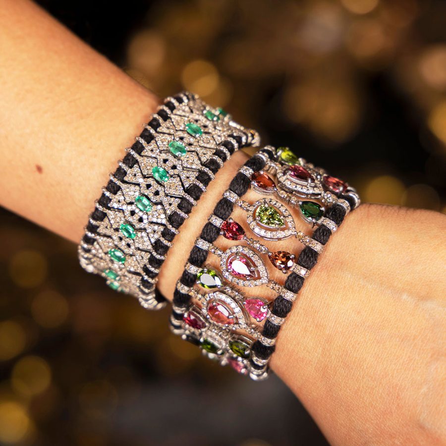 9th Century 'Baju' Inspired Tourmaline & Diamond Cotton Cord Bracelet (wider)