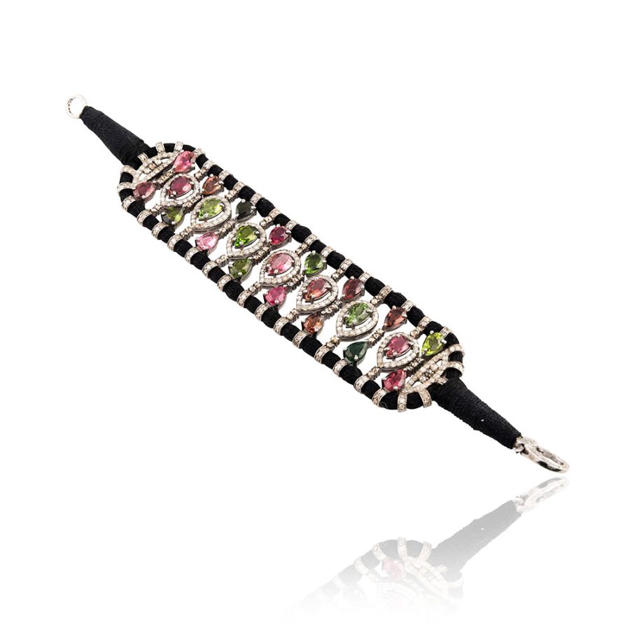 9th Century 'Baju' Inspired Tourmaline & Diamond Cotton Cord Bracelet (wider)